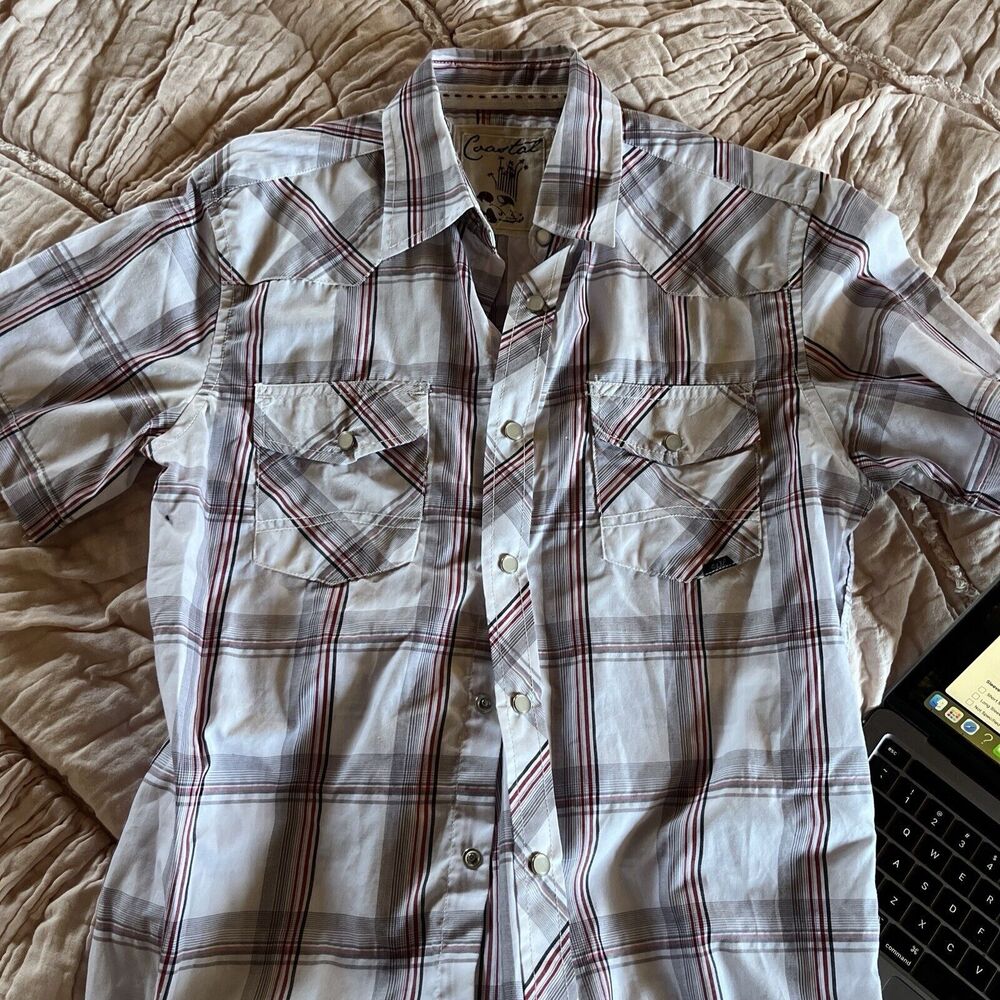 COASTAL Shirt Mens Size Sm Blue Red Gray Plaid Short Sleeve Pearlesque Snaps